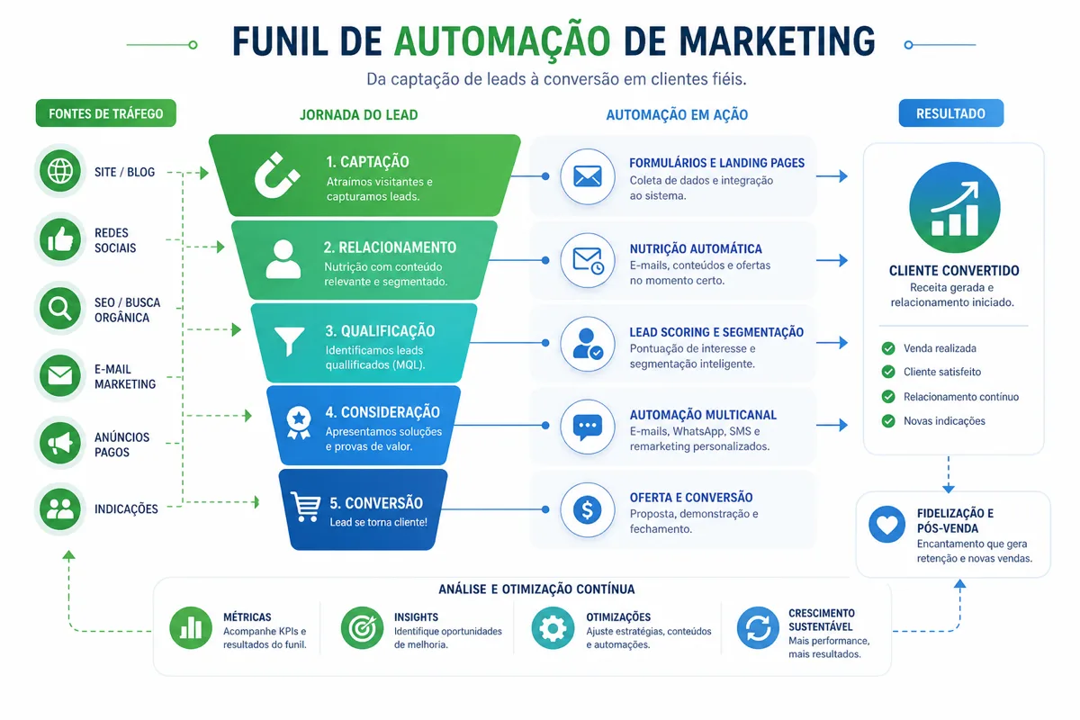 Diagrama de funil de marketing com fluxo de conversão