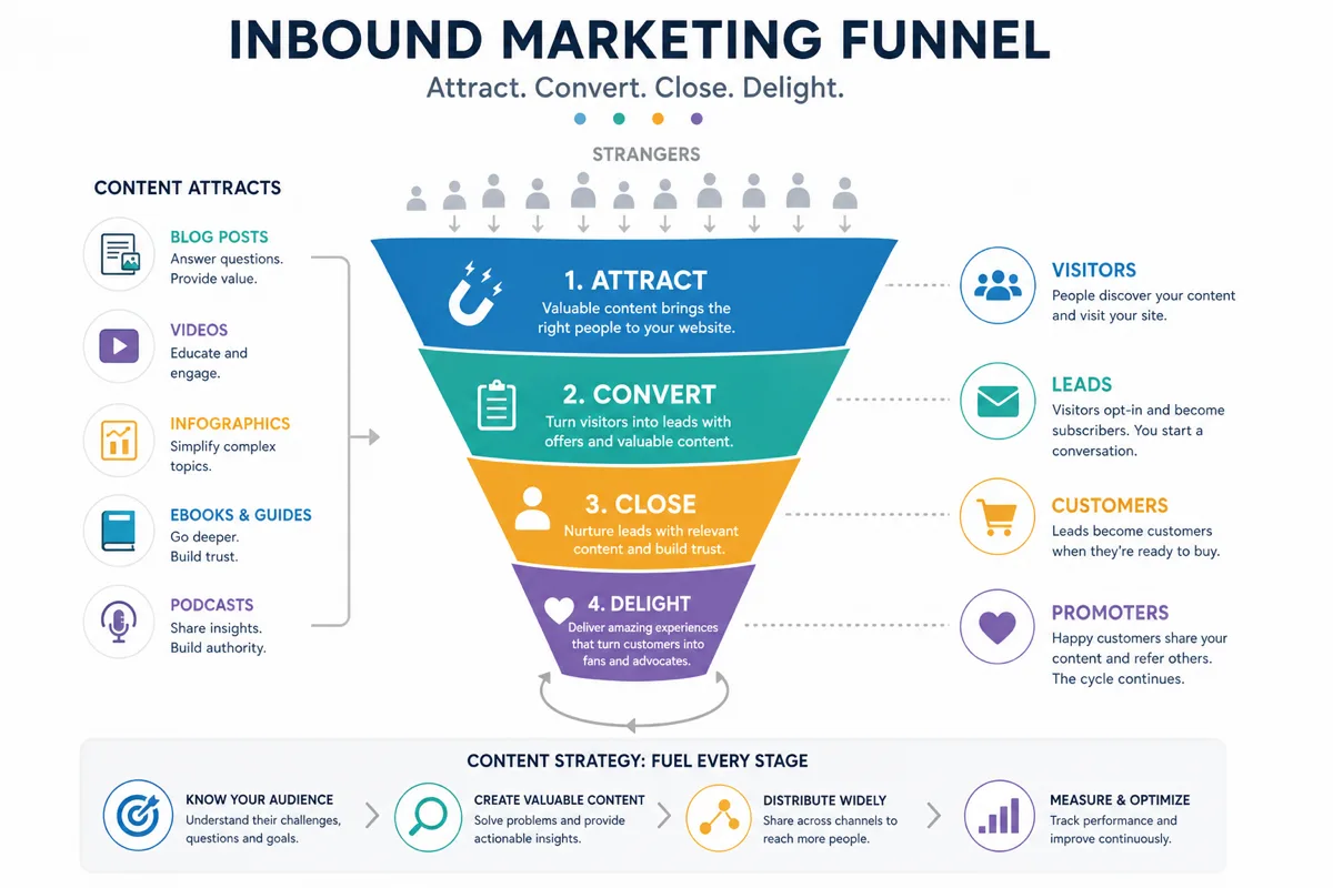 Diagrama de funil de marketing inbound com etapas de visitantes a clientes