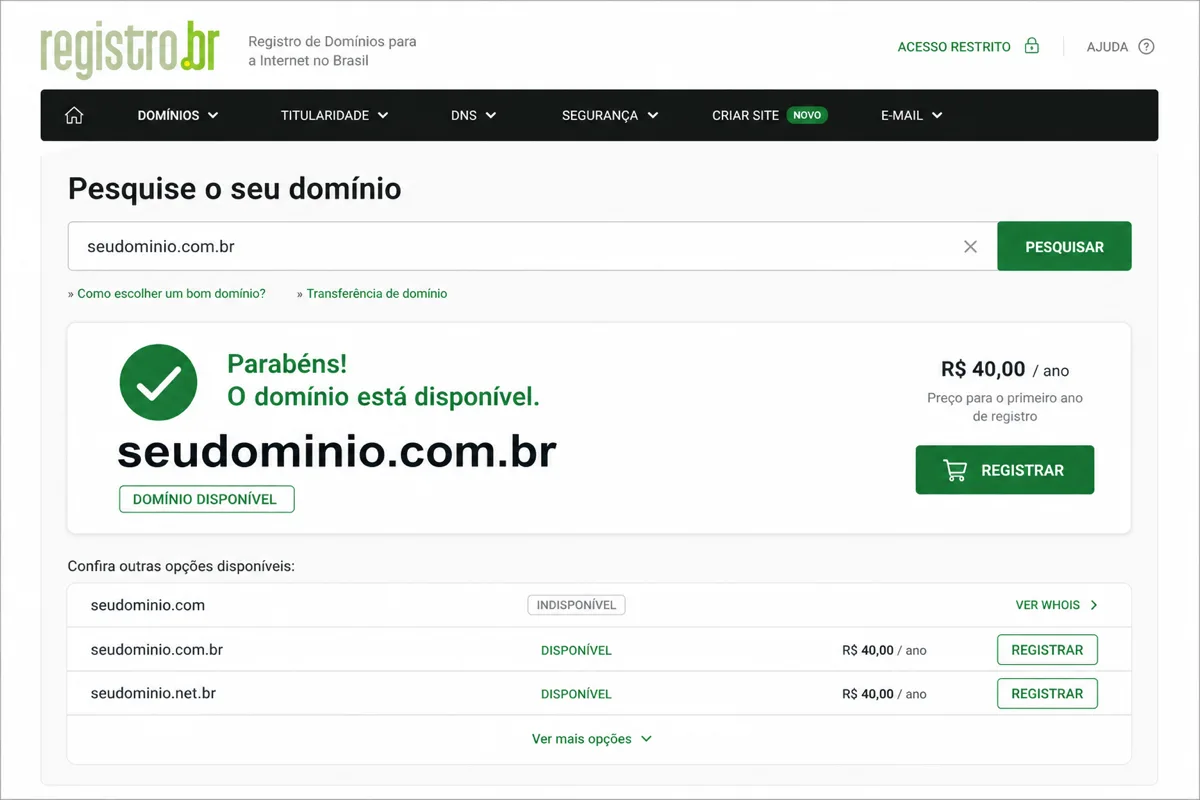 Interface de busca de domínio com mensagem de domínio disponível
