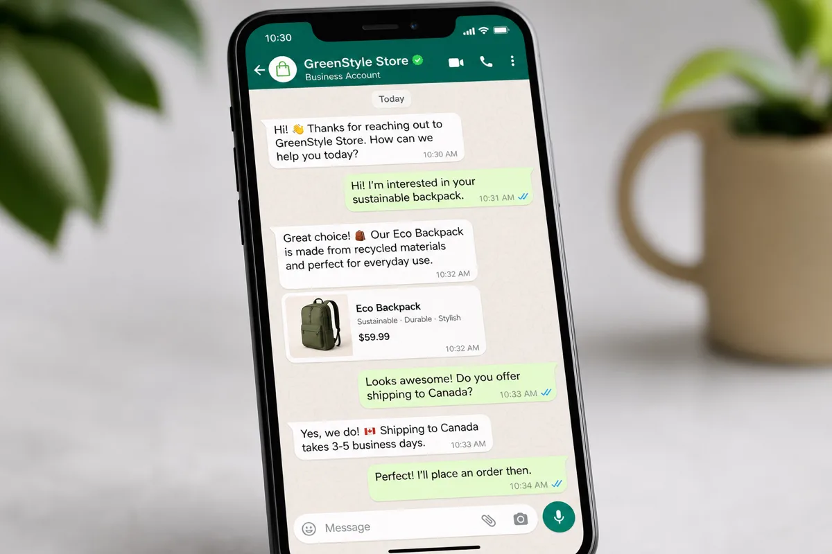 Smartphone mostrando conversa de vendas no WhatsApp