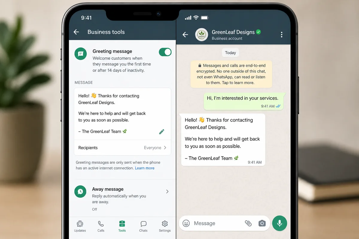 Tela de smartphone com mensagens automáticas no WhatsApp Business