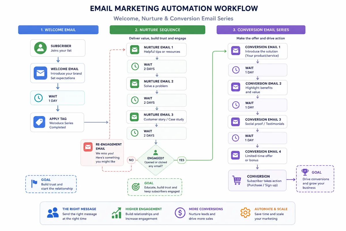 Diagrama de fluxo de automação de email marketing
