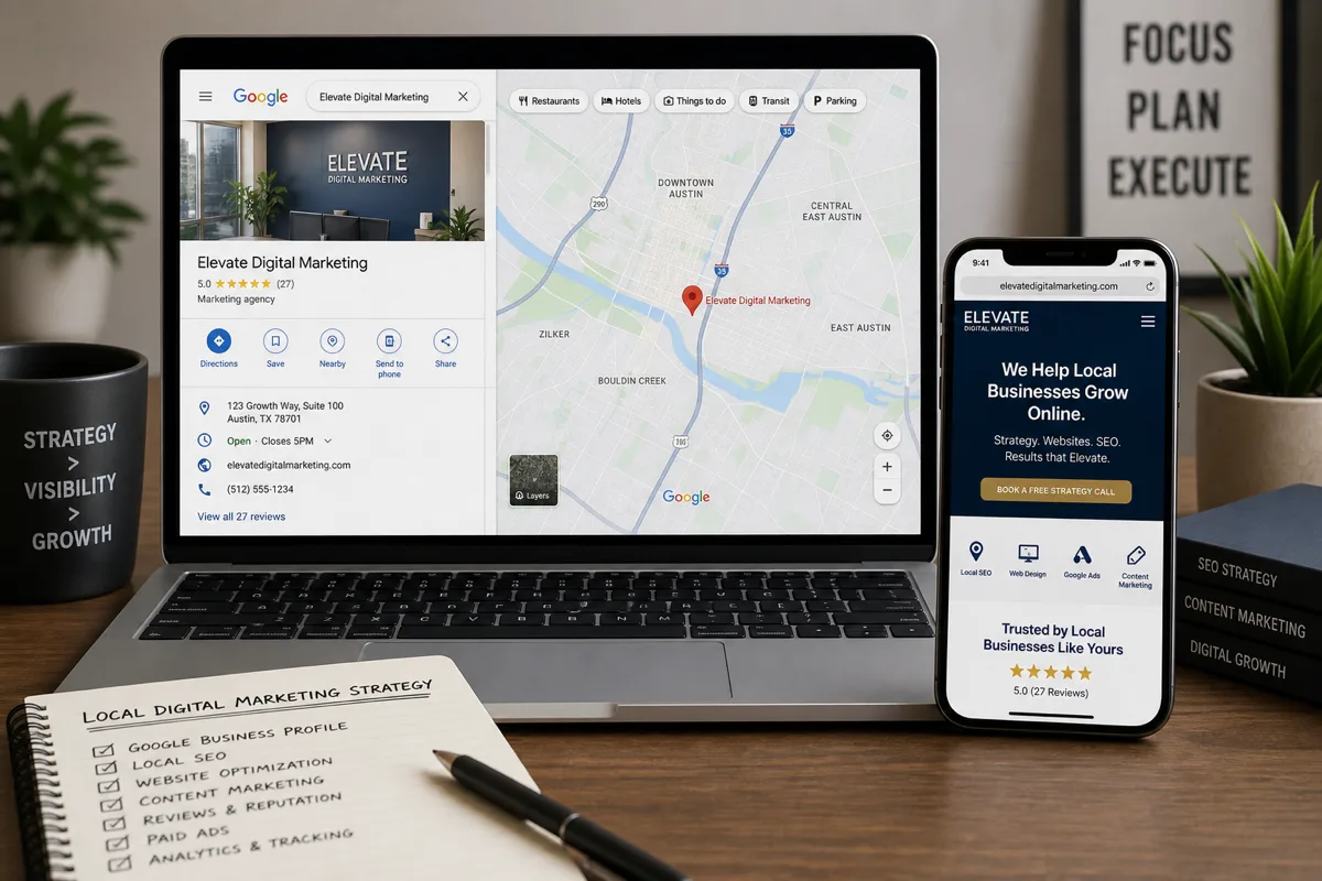 Laptop e smartphone exibindo Google Maps com empresa
