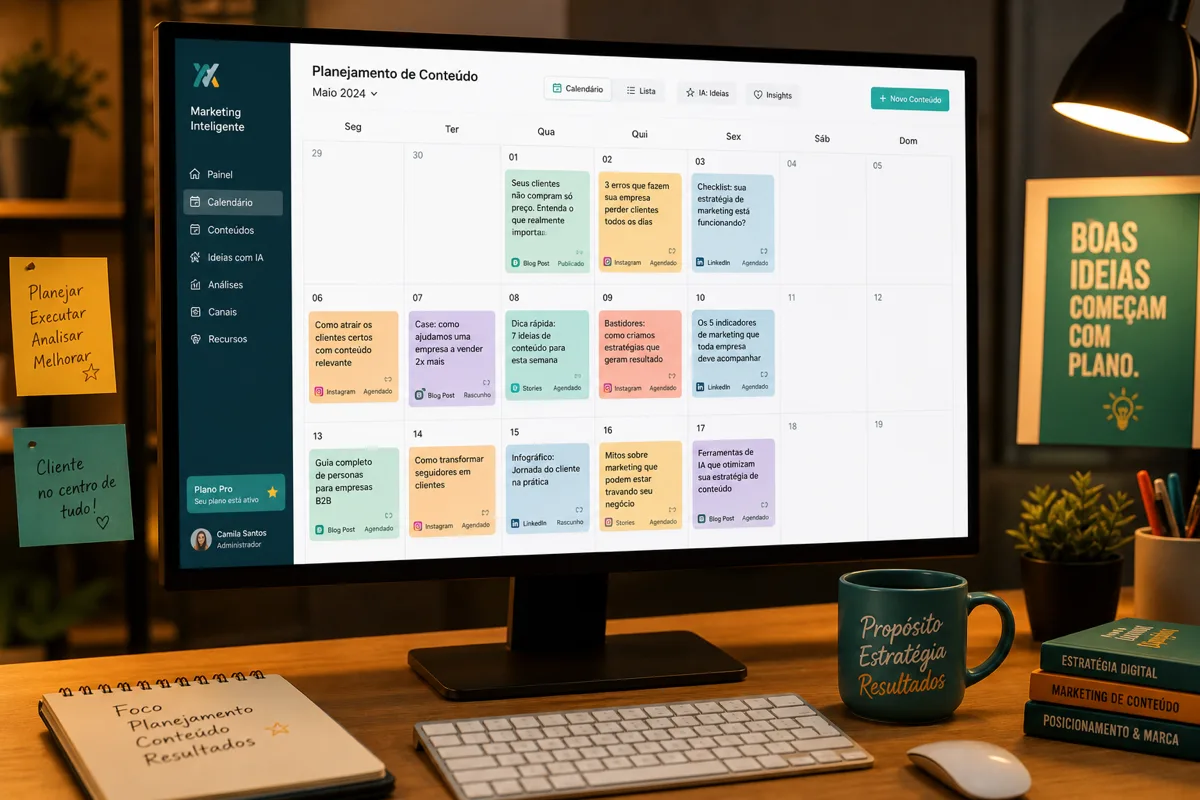 Tela de computador mostrando calendário de planejamento de conteúdo