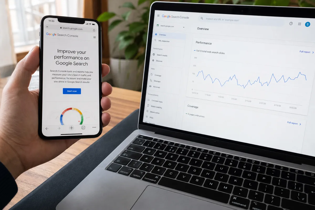 Pessoa segurando smartphone com Google Search Console aberto