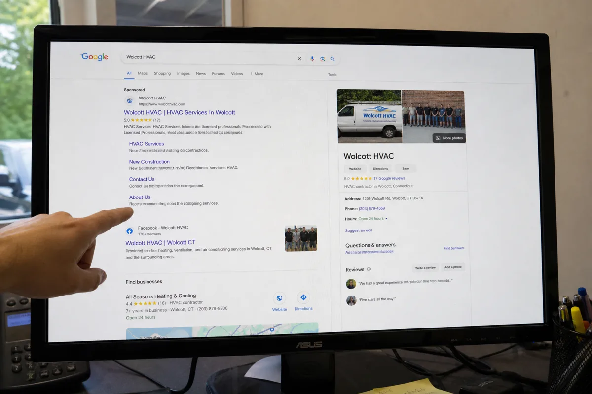 Tela de computador mostrando busca local com mão apontando