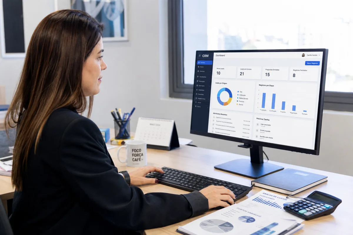 Mulher de negócios analisando custos usando software CRM no computador