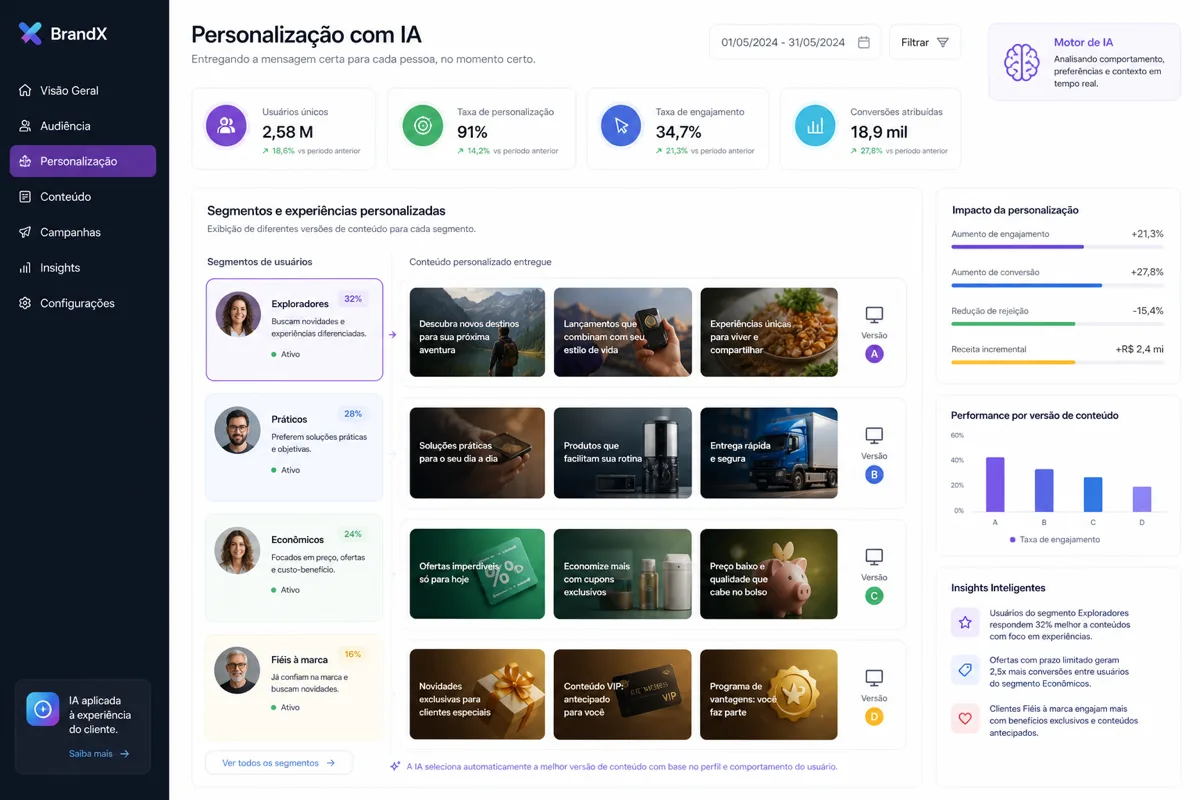 Dashboard de marketing com perfis e conteúdo personalizado
