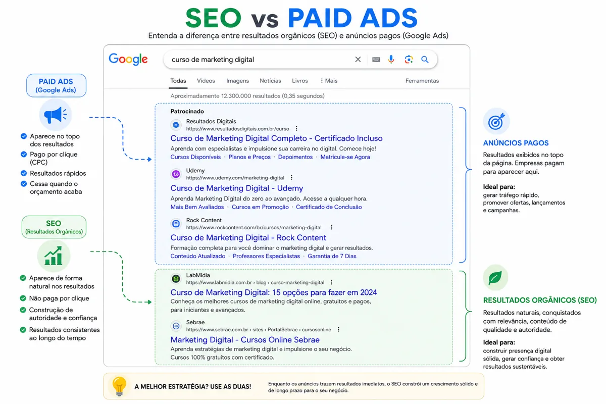 Página de resultados Google com anúncios pagos e orgânicos destacados